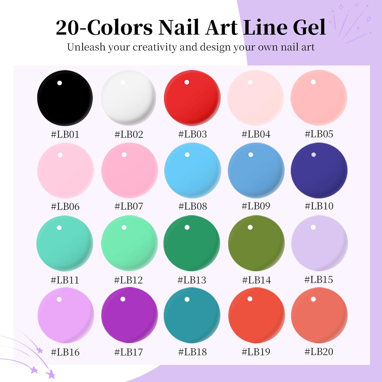 JODSONE Gel Polish Nail Art Gel Liner Set 20 Colors Red Pink Blue Purple with Thin Brush Need U V Lamp Cured Gift for Girls at Home Salon Design
