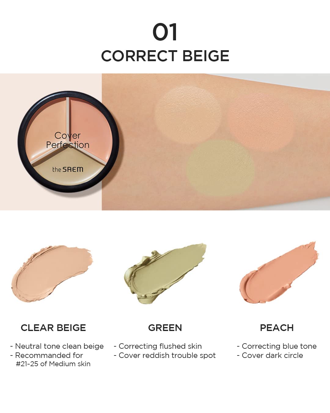 THESAEM Cover Perfection Triple Pot Concealer - 3 Color Concealer with Clear Beige, Green & Peach Shades - Full Coverage Concealer to Correct & Conceal Redness, Dark Circles, 01 Correct Beige