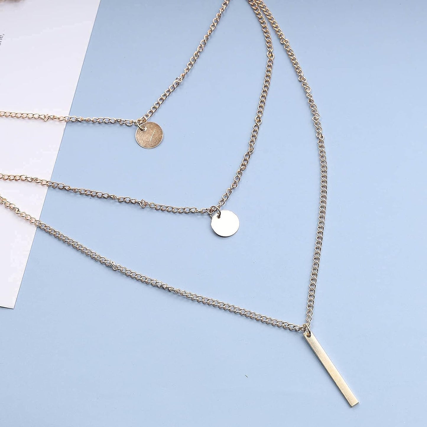 Boho Layered Coin Bar Necklace Gold Disc Pendant Necklace Chain Multi Layer Vintage Necklace Jewelry for Women and Teen Girls