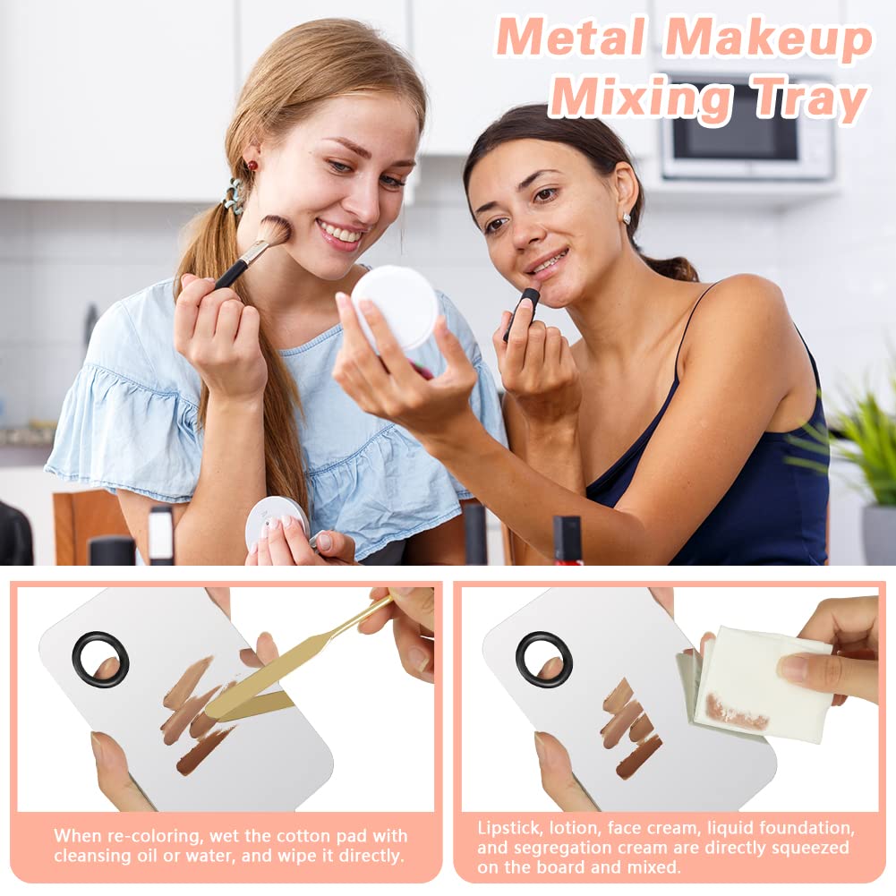 3PCS Makeup Mixing Palette, Stainless Steel Cosmetic Makeup Palette With Spatula Makeup Artist Tool, Professional Cosmetic Mixing Makeup Palette For Mixing Eye Shadow/Eyelash/Nail Art/Foundation