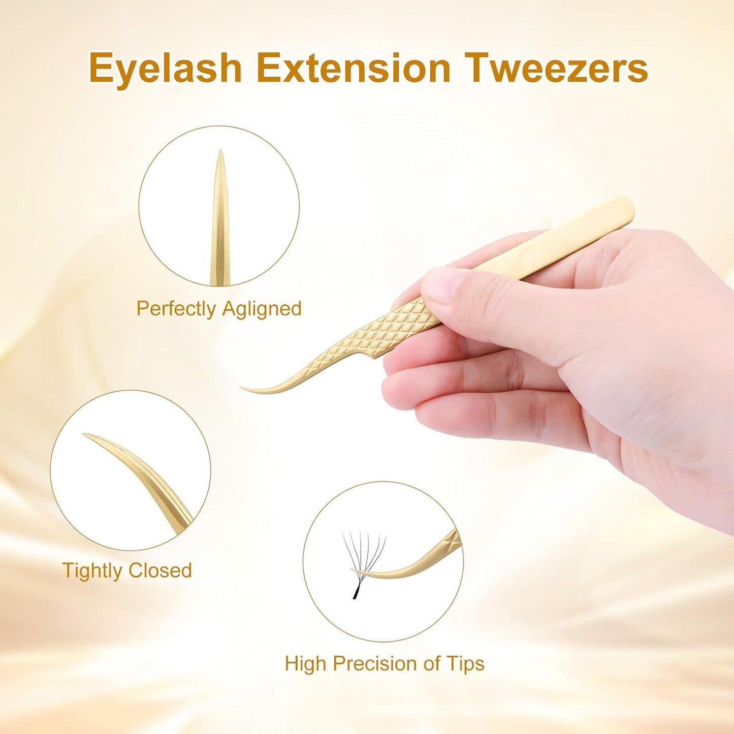 NAGARAKU Precision Fiber Tip Grip Tweezer for Eyelash Extensions Diamond Handle Anti-Static Anti-Slip Premium Gold Stainless Steel Eyelashes Tweezers Supplies with Box(C Curved Tip Tweezer AG-04)