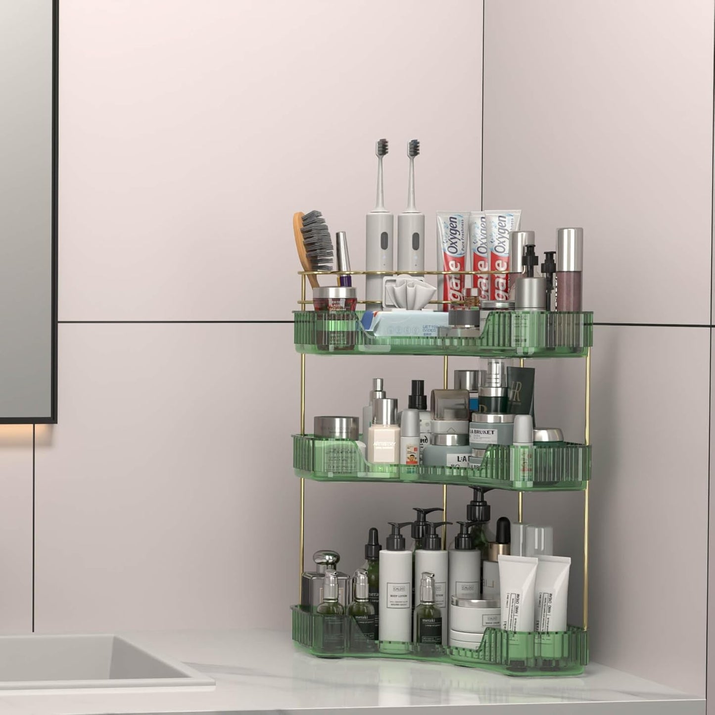 3 Tier Corner Bathroom Organizer Countertop, Vanity Makeup Organizer with Brush Holder, Space-Saving Skincare Storage Corner Shelf for Bathroom, Dressing Table, Kitchen