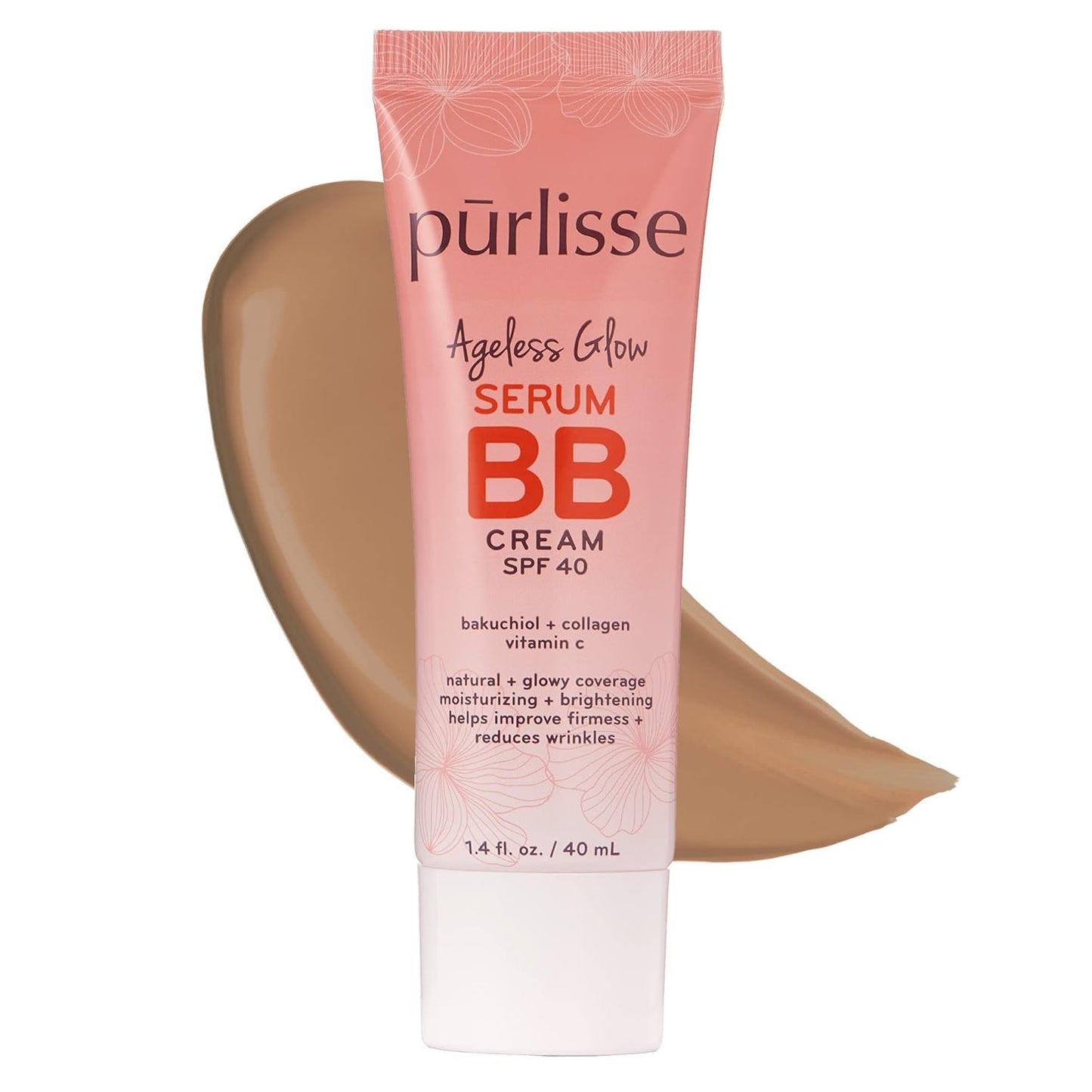 pūrlisse Ageless Glow Serum BB Cream SPF 40 - Glow BB Cream with SPF Enriched with Bakuchiol & Vitamin C to Help Improve Firmness & Reduce Wrinkles for Dewy Skin - Tan (1.4 oz)