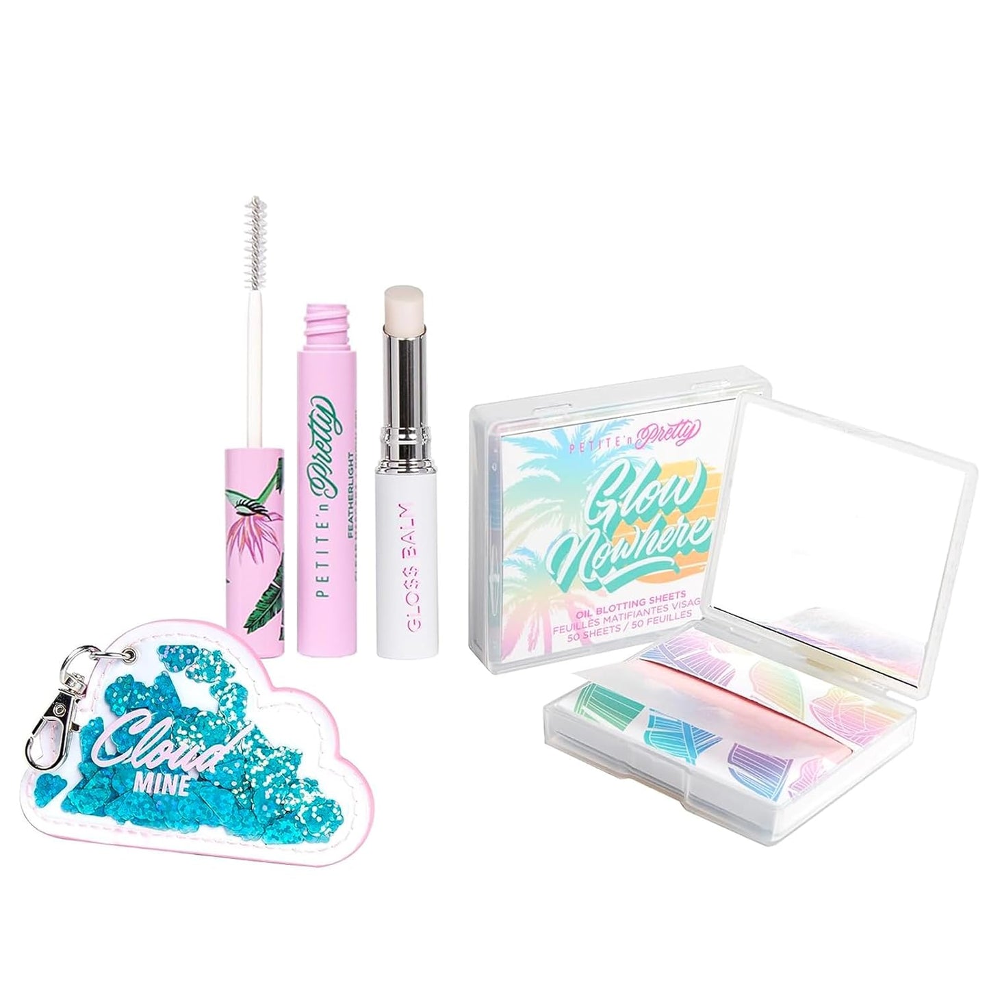 Petite 'n Pretty New Makeup Set - Featherlight Clear Mascara & Brow Gel, Glo$$ Balm, Cloud Mine Backpack, Biodegradable Blotting Sheets + Makeup Bag for Kids, Tweens and Teens
