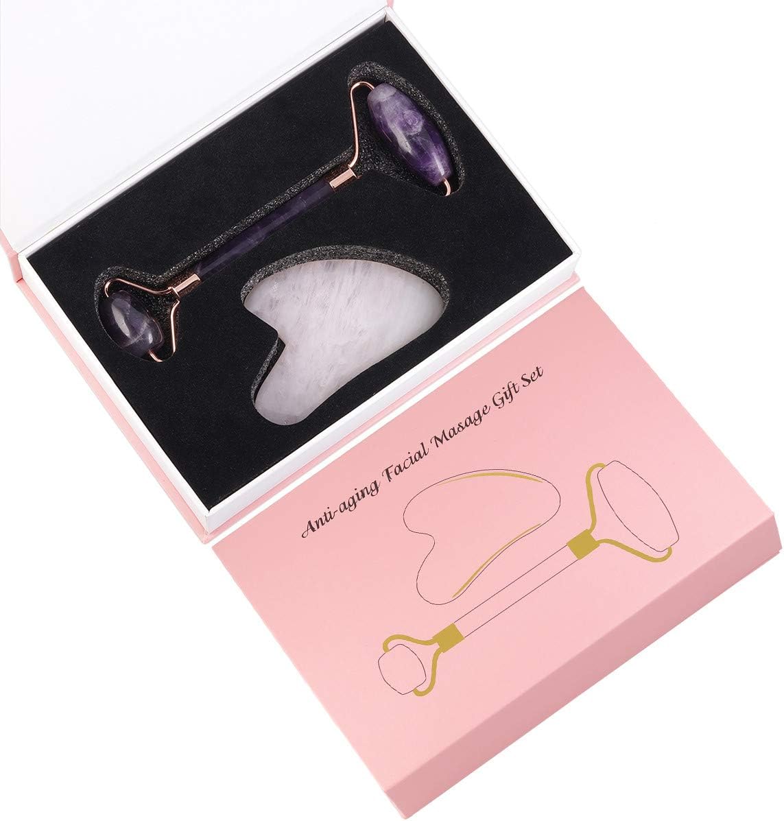 mookaitedecor Amethyst Roller & Rose Quartz Gua Sha Scraping Massage Tool Set, Face Massager for Wrinkles, Anti Aging