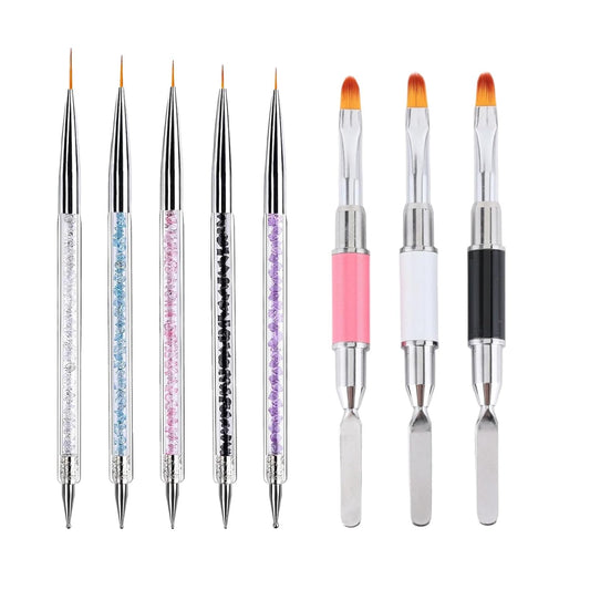Nail Art Brushes, 8Pcs Double-Ended Acrylic Nail Brush Set & Picker Brush Tool for Nail Art with PolyGel Gel Acrylic Nails Extension Fine Liner Brushes and Dotting Pen (5,7,9,11,13 mm)