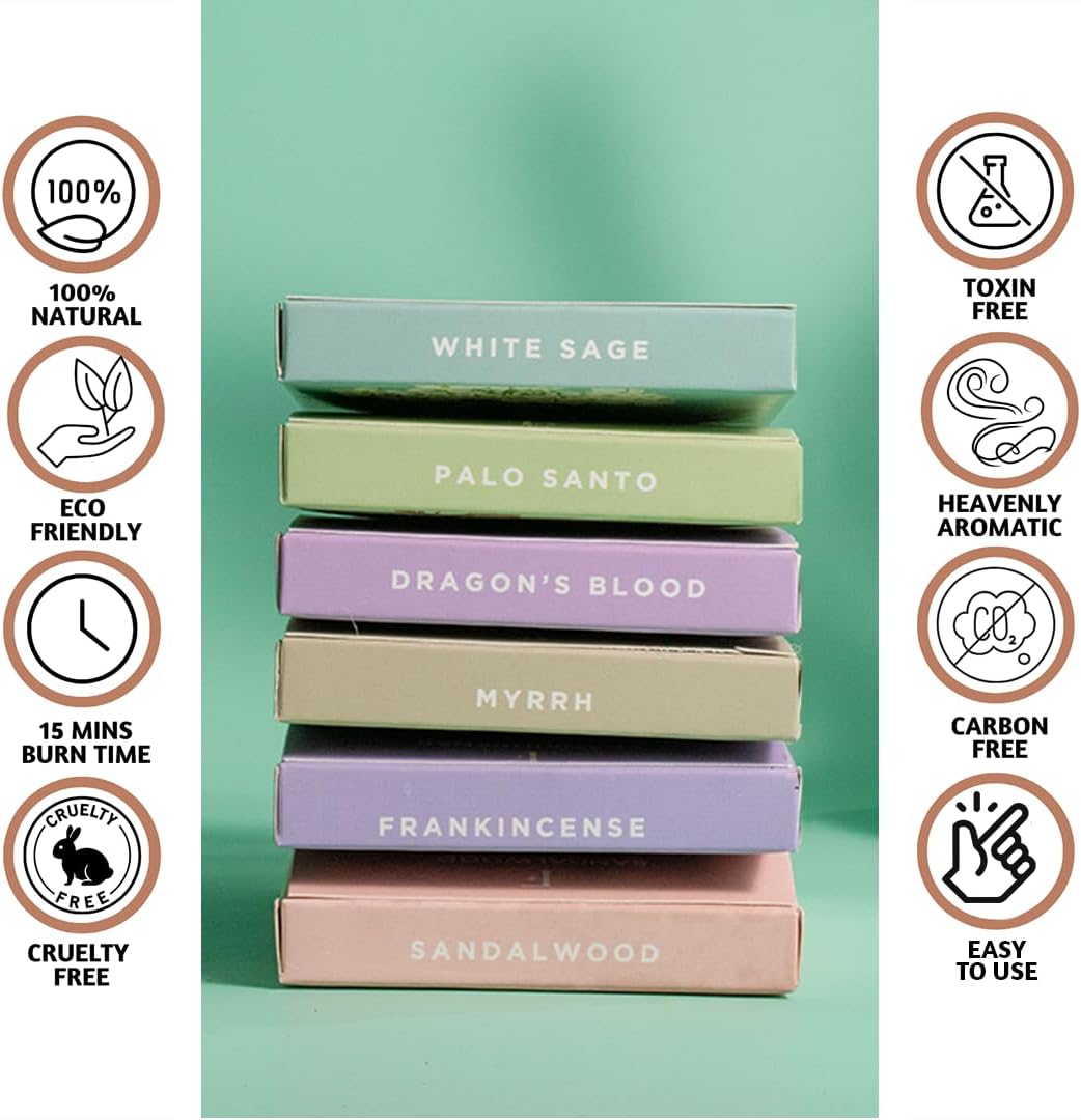 Folkulture Incense Cones Scented | Set of 6 (60 Cones) Pack for Relaxation | Palo Santo, Frankincense, White Sage, Sandalwood Inscents for Gifts for Her | Incense Cone Variety Pack