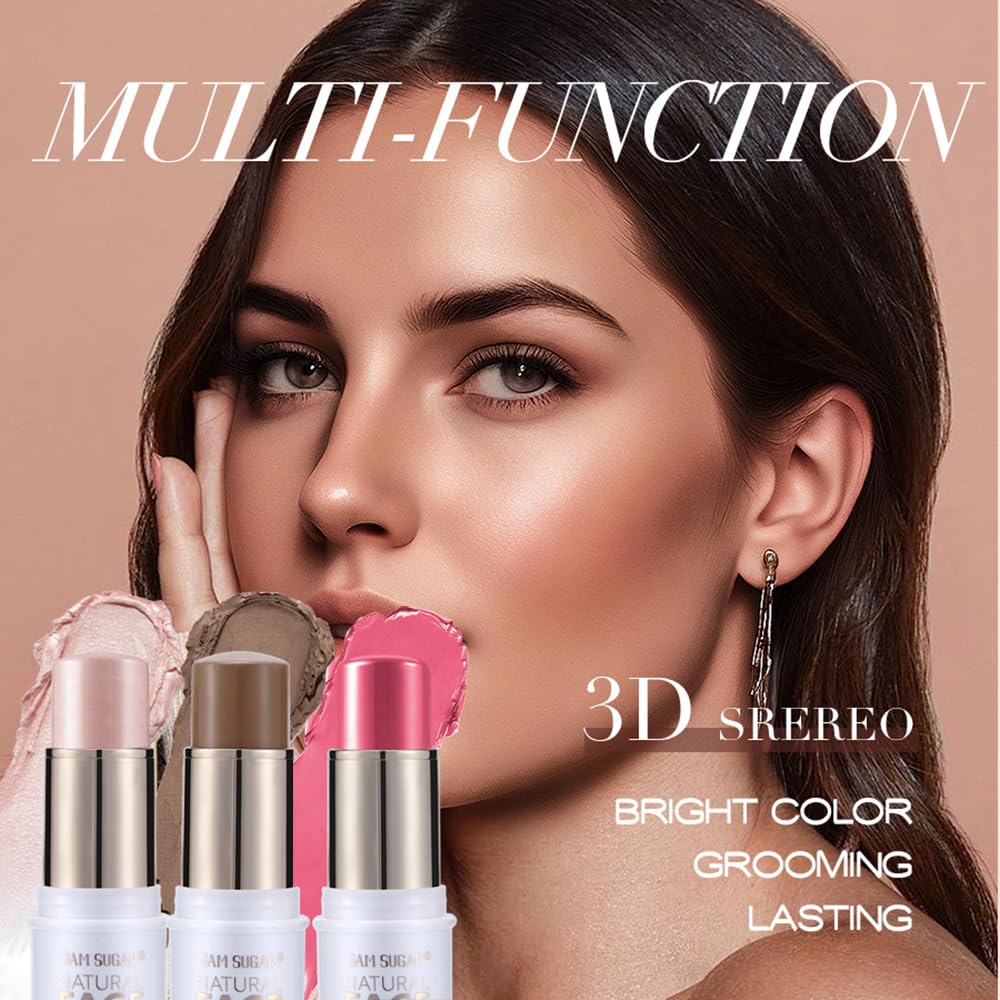 Contour Stick Makeup Kit,3Pcs Bronzer Blush Highlighter Stick Set for Create a Glowing Flawless Look,Non-Greasy Matte Finish Face Stick Trio,Longwear Formula, Include Brush - Medium (#02,05,08)