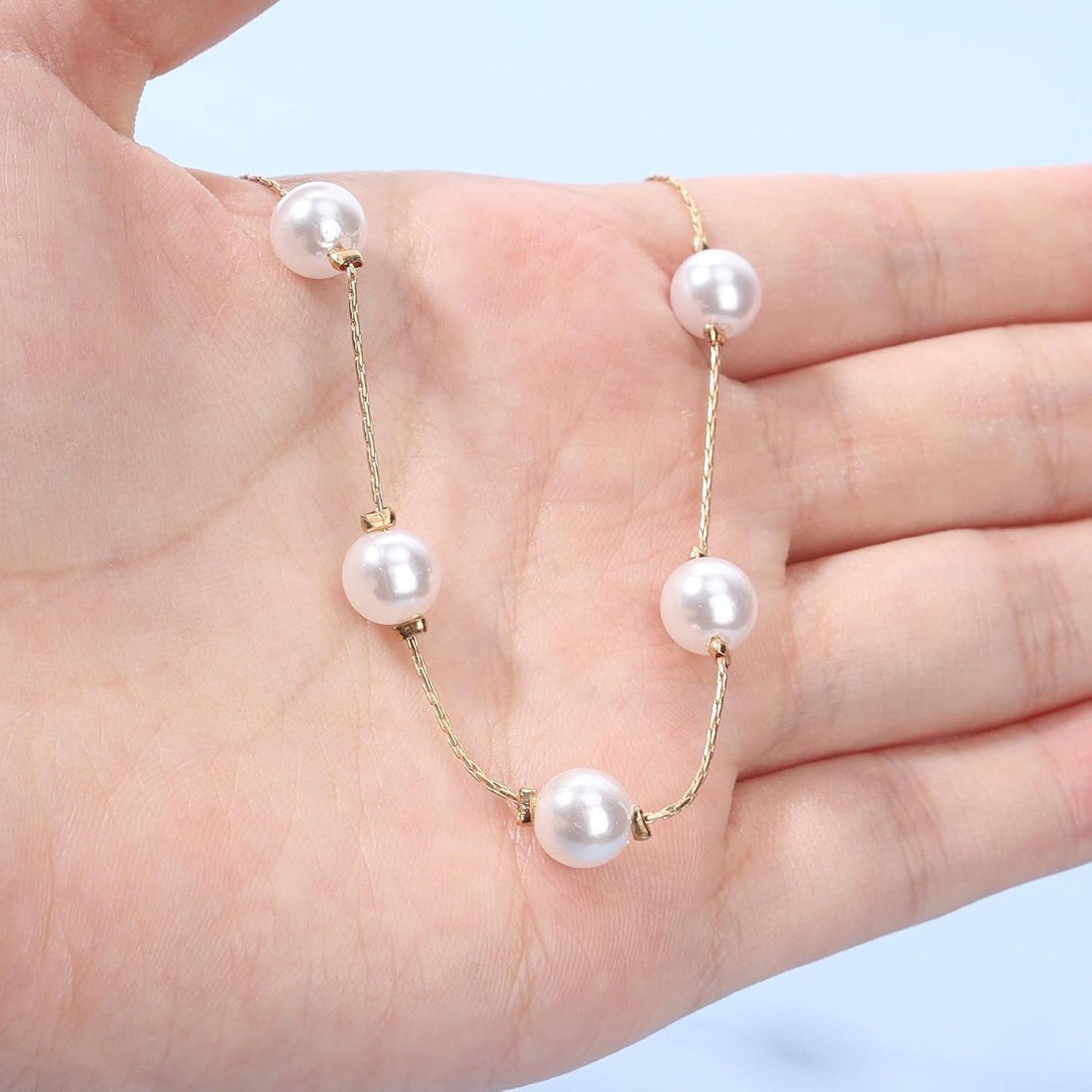 Boho Pearl Choker Necklace Floating Pearl Station Necklace Gold Tiny Pearl Beaded Necklace Chain Bridal Necklace Jewelry for Women and Girls Gifts