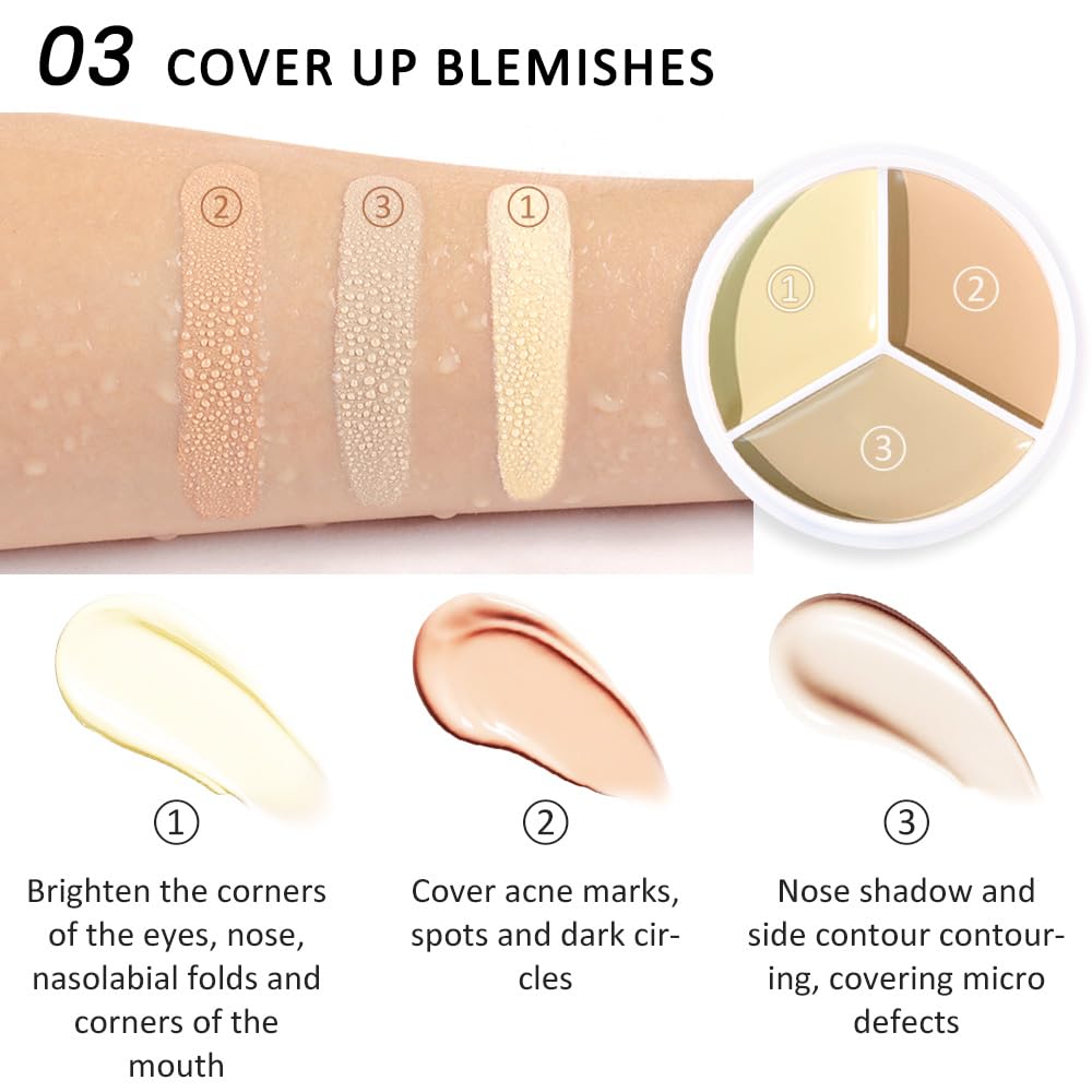 Kaely Tri Color Concealer Pot,Color Correcting Concealer for Dark Circles Spots,3 Color Cream Concealer Full Coverage,Foundation Contour Makeup Palettes,under Eye Brightener corrector de ojeras,03