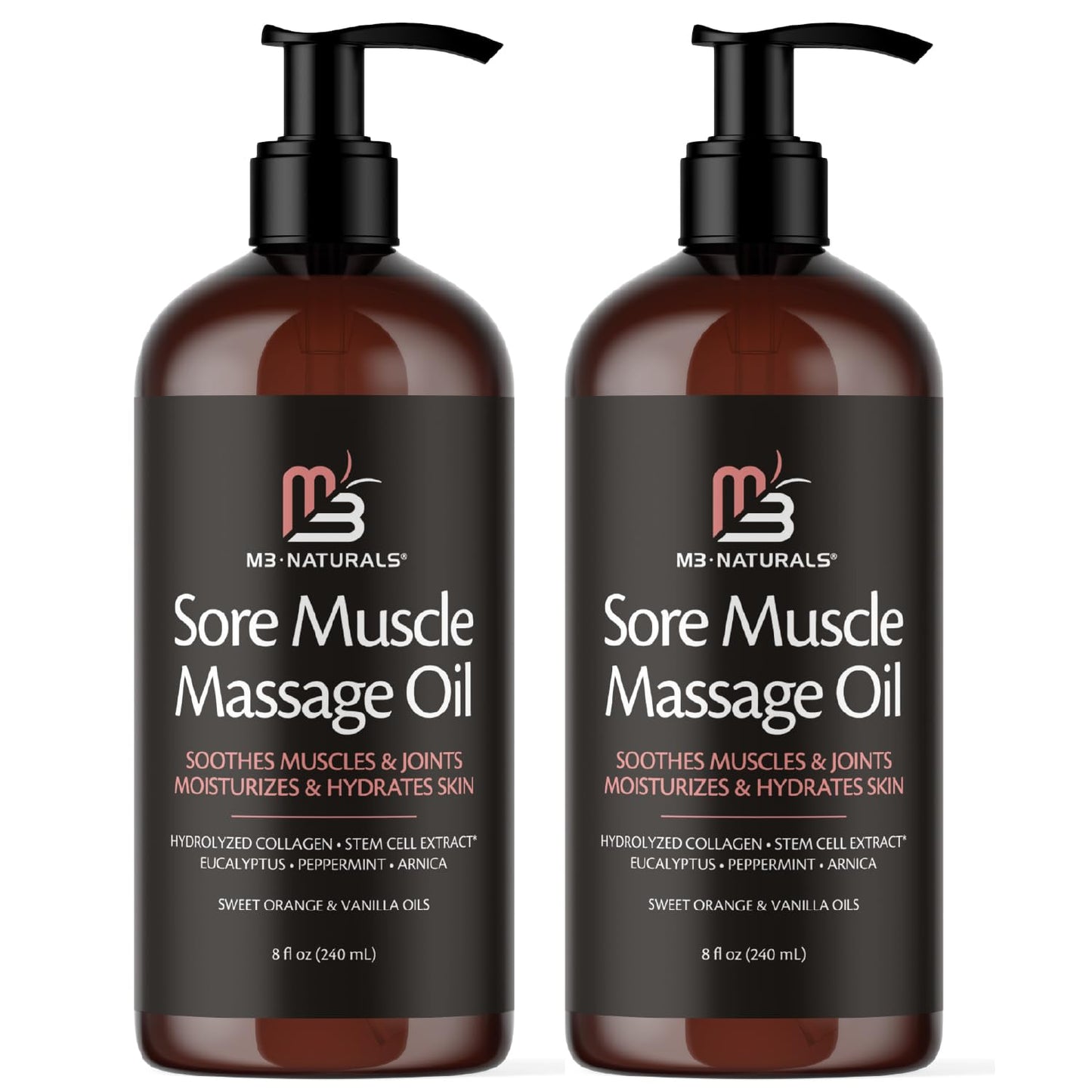 Arnica Sore Muscle Massage Oil for Massage Therapy - with Collagen Stem Cells Arnica and Menthol - Multipurpose Instant Absorption Full Body Massage Oil by M3 Naturals (Pack of 2)