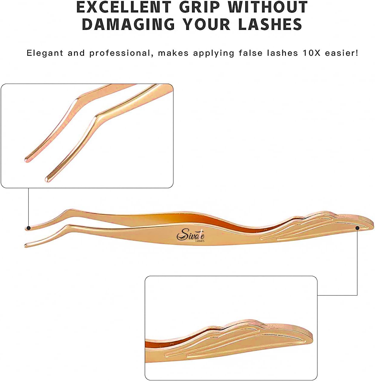 SIVOTE Lash Tweezers & Applicator Tool Set, 2-Pack Precision Tweezers (Straight & Curved Tip, Pink) with Gold Eyelash Applicator Tool for Extensions & False Lash Application