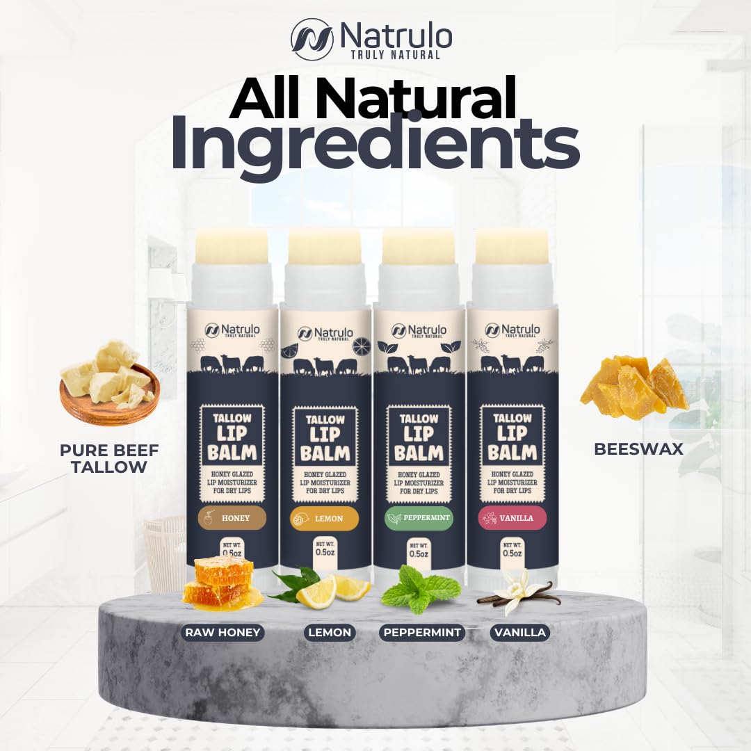 Beef Tallow Lip Balm – Natural Tallow Beeswax Chapstick – Hydrating Grass Fed Beef Tallow Honey Balm Lip Care – Soothes Chapped Dry Sensitive Lips – Long Lasting Vitamin Rich USA-Made Variety Pack