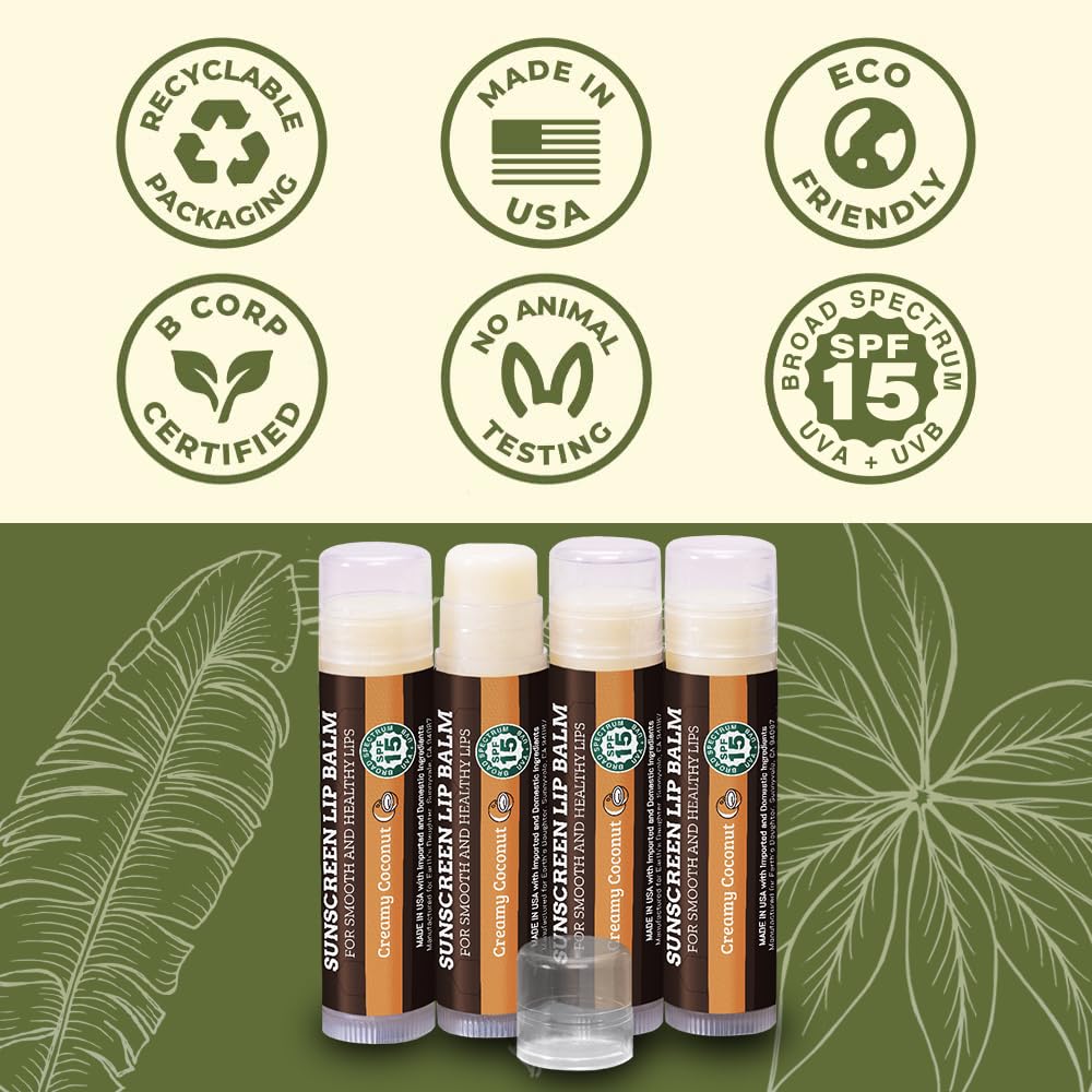 Earth's Daughter SPF Coconut Lip Balm 4-Pack - Lip Sunscreen, SPF 15, Organic Ingredients, Beeswax, Coconut Oil, Vitamin E - Hypoallergenic, Paraben Free, Gluten Free, New