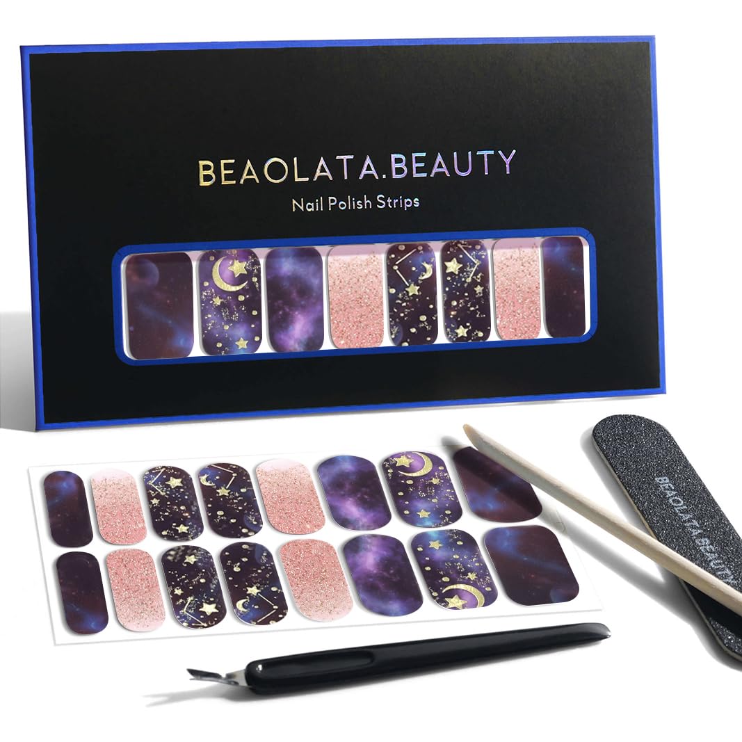 Nail Polish Strips, 32PCS Salon Quality Wraps, Long Lasting Gel Nail Stickers for Women Easy Apply& Remove (Stardust Purple Dream)