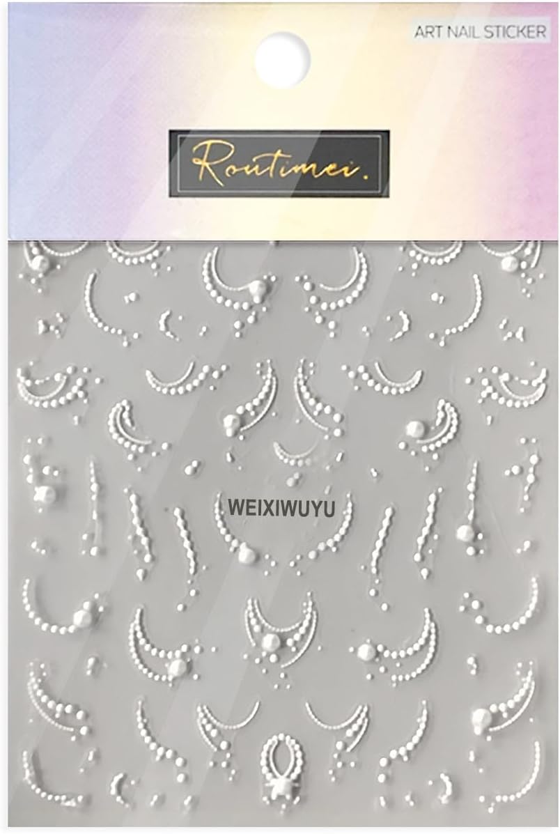 White French Tips Pearls Nail Art Stickers 5D Embossed Romantic Nail Stickers Line Nail Decals Design Nail Accessories for Women Valentine's Day Nail Art Decoration