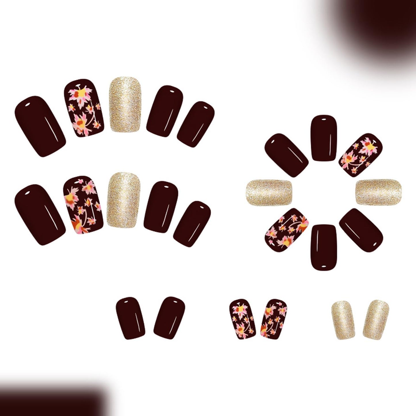 Wine Red Fall Press on Nails Medium Square Thanksgiving Maple Leaf Fake Nails Glossy Maple Leaves Glue on Nail Autumn Gold Glitter Acrylic Stick on Nail for Women DIY Manicure