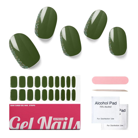 Semi Cured Gel Nail Strips, 20 PCS Gel Nail Stickers Work with UV Light, Salon Quality & Easy to Use - Shine Forest