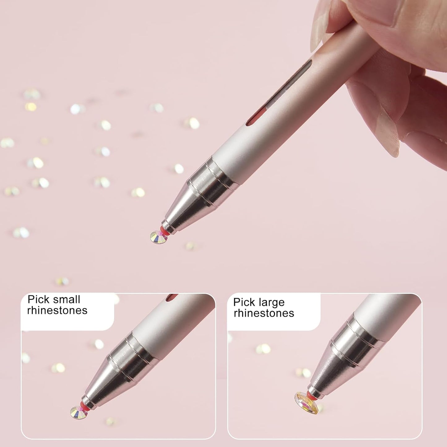 WOKOTO 1 PCS Nail Art Rhinestone Picker Pens With Spare Silicone Clay Tool Orange&Silver Gradient Rotating Push Nail Diamond Art Painting Dotting Pen Refillable Wax Pen For Nails Gems Picker Tool