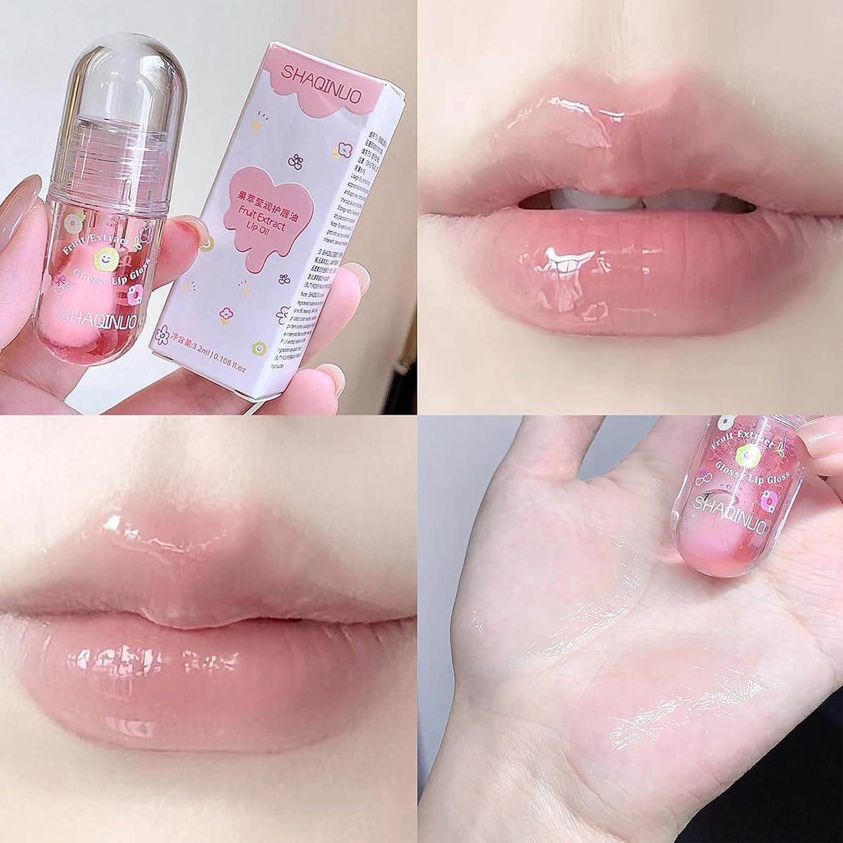 4Pcs Fruit Flavored Lip Gloss Oil Set,Big Brush Head Lip Oil,Cute Lip Hydrating Nourishing Lip Gloss, Jelly Glossy Finish Lip Glow Oil,for Kids and Teens, Kid Friendly, Party Gift, Non-toxic