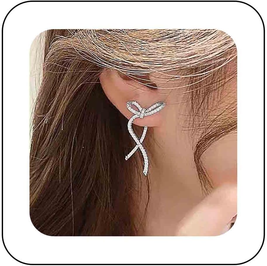 Vintage Crystal Bow Earrings Rhinestone Bow Drop Earrings Long Cz Rhinestone Earrings Gold Bow Cz Stud Earrings Jewelry for Women