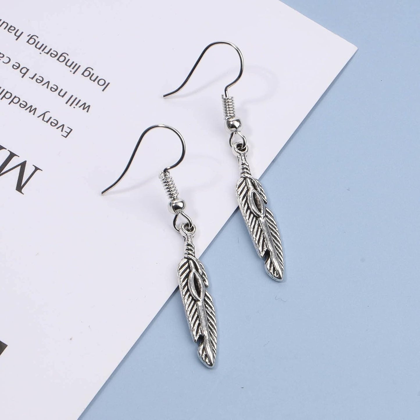 Vintage Etched Feather Earrings Silver Feather Dangle Earrings Little Feather Charm Earrings Boho Earrings Jewelry for Women and Girls