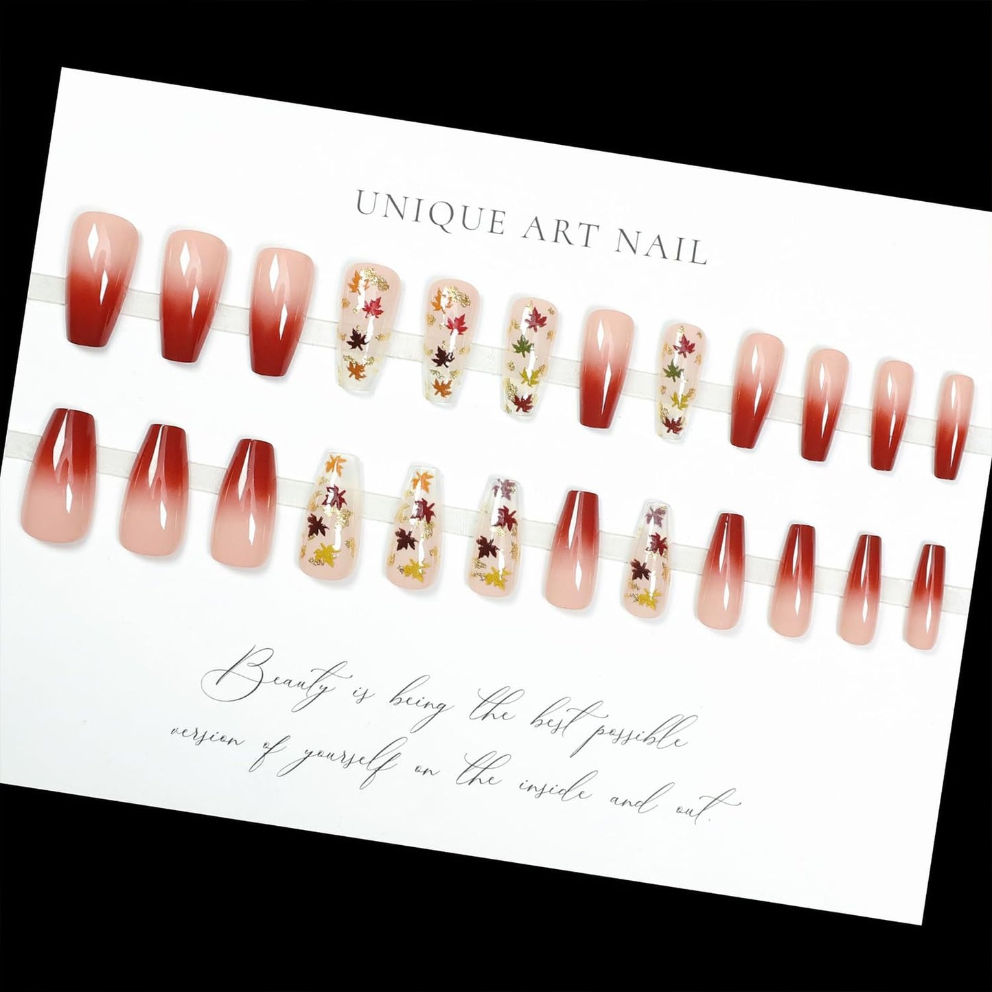 Fall Press on Nails Maple Leaf Sequins Fake Nails Thanksgiving Gradient Long Coffin Nail Glossy Autumn Maple Leaves Acrylic Glue on Nail for Women DIY Manicure