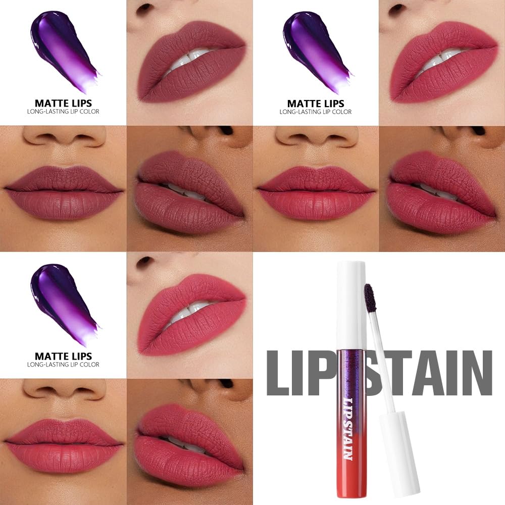 evpct 3Pcs Maroon Mauve Vivid Red Peel Off Lip Stain Tints, Matte Liquid Lipstick Lip Stain Long Lasting Waterproof for Women, Longwear Lipstick Peel Off Highly Pigmented Smudge-proof Easy to Apply