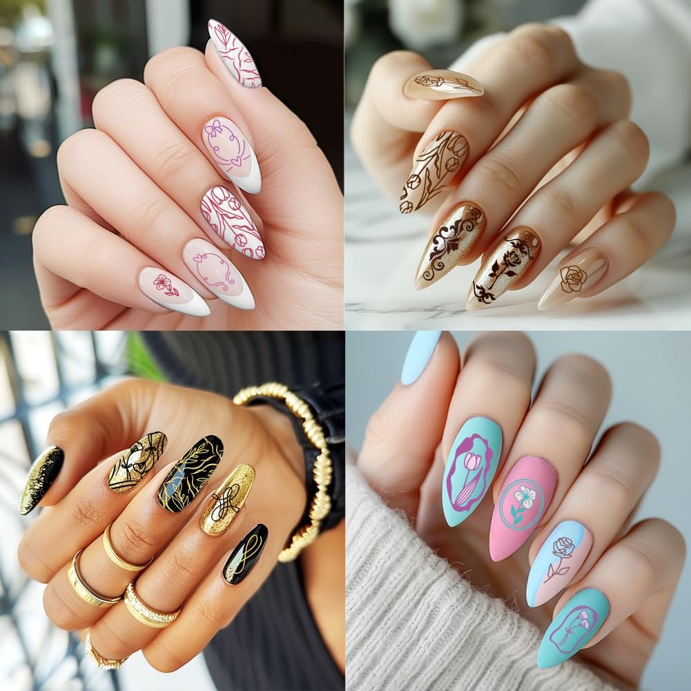 3Pcs Tulip Nail Stamping Plate Set Floral Irregular Geometric Frames Steel Nail Stamp Templates Clear Silicone Nails Stamping with Stamper Scraper for Manicure Printing