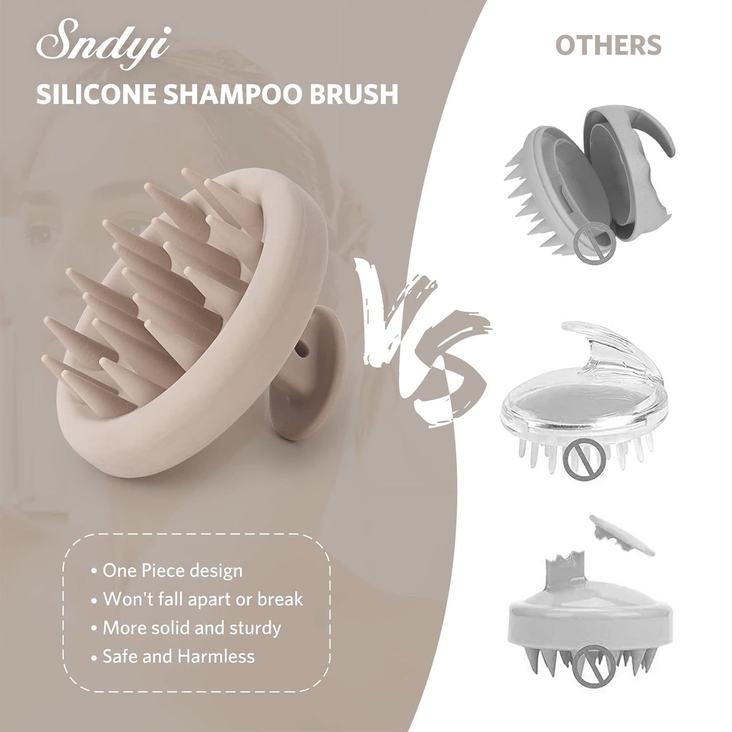 Sndyi Silicone Scalp Massager Shampoo Brush, Hair Scrubber with Soft Silicone Bristles, Scalp Scrubber/Exfoliator for Dandruff Removal, Wet Dry Scalp Brush for Hair Growth & Scalp Care, Khaki