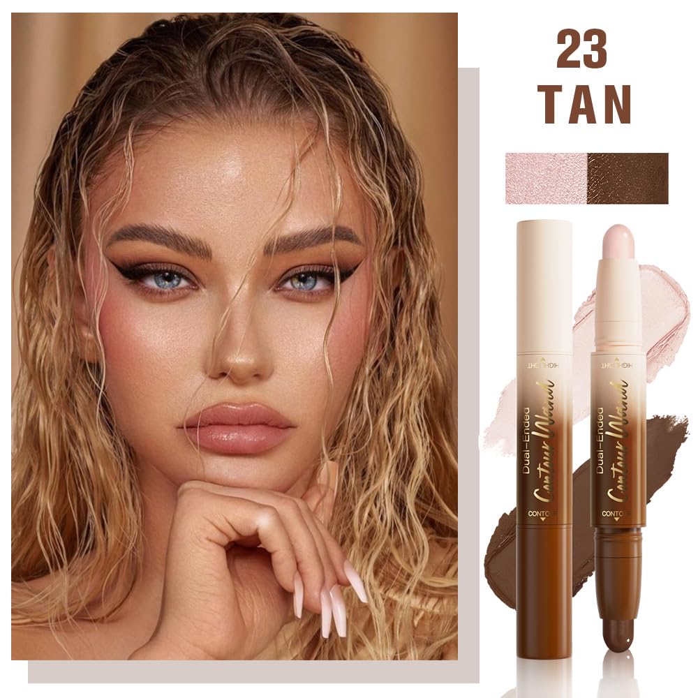 2Pcs 2in1 Cream Contour Highlighter Stick, Dual-Ended Highlighter Makeup Contour Stick, Contour Stick Dual Ended For Face Body Makeup,Long Lasting Waterproof for All Skin Tones (01+03)