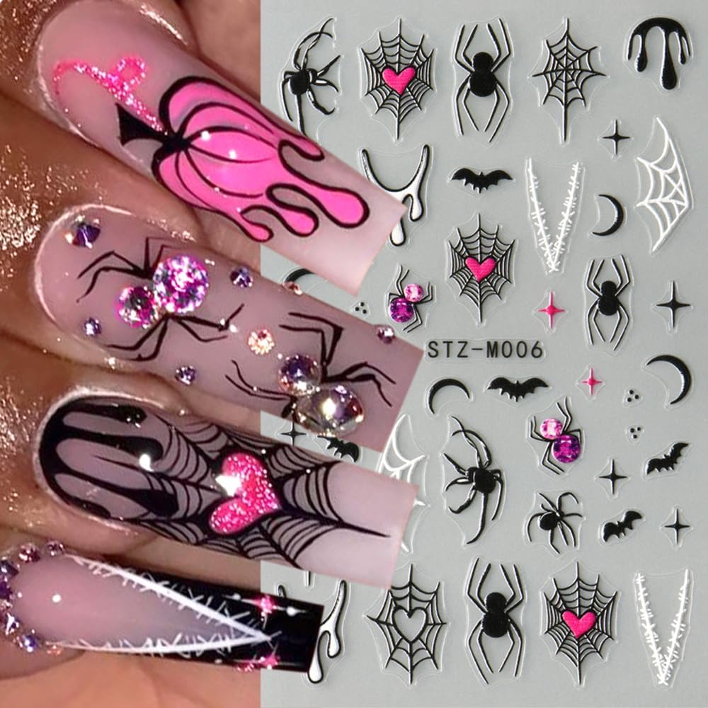 3 Sheet Halloween Nail Stickers Ghost Bat Spider Nail Decals 3D Self-Adhesive Spider Web Spooky Bat Spider Nail Art Stickers Design Gothic Nail Art Supplies for Holiday Acrylic DIY Nail Decoration