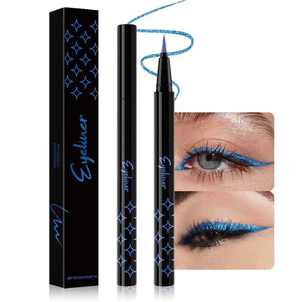 Dark Blue Metallic Glitter Liquid Eyeliner Pen – Long-Lasting Sparkly Waterproof Eyeliner for Women & Men – Tattoo-Effect Eye Makeup for Parties – Delineador Líquido con Brillo 04