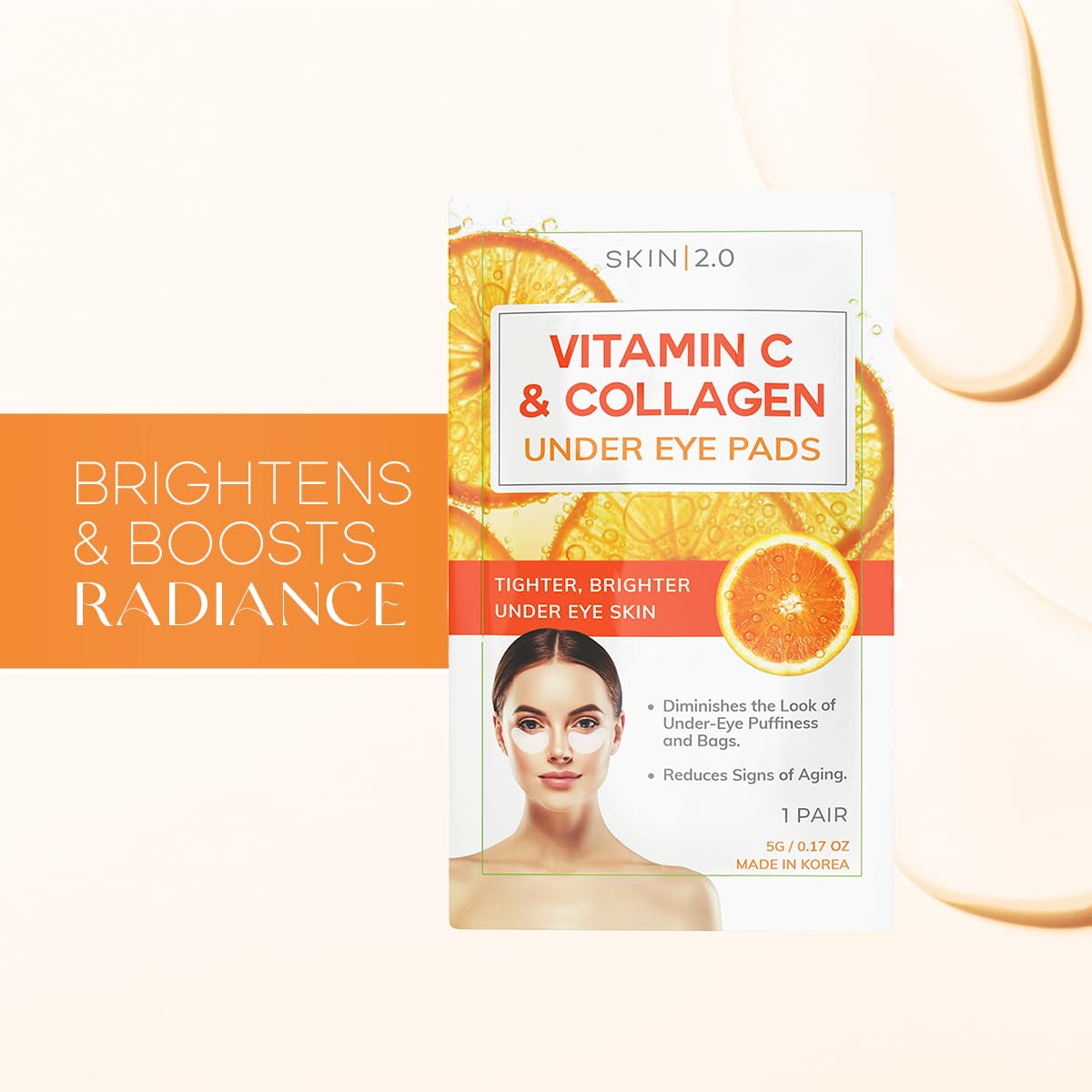 Vitamin C and Collagen Under Eye Patches - Brightens Dark Circles, Tightens Under Eye Skin, Anti-aging & Firming Under Eye Pads - Cruelty Free Korean Skin Care For All Skin Types - 5 Pairs