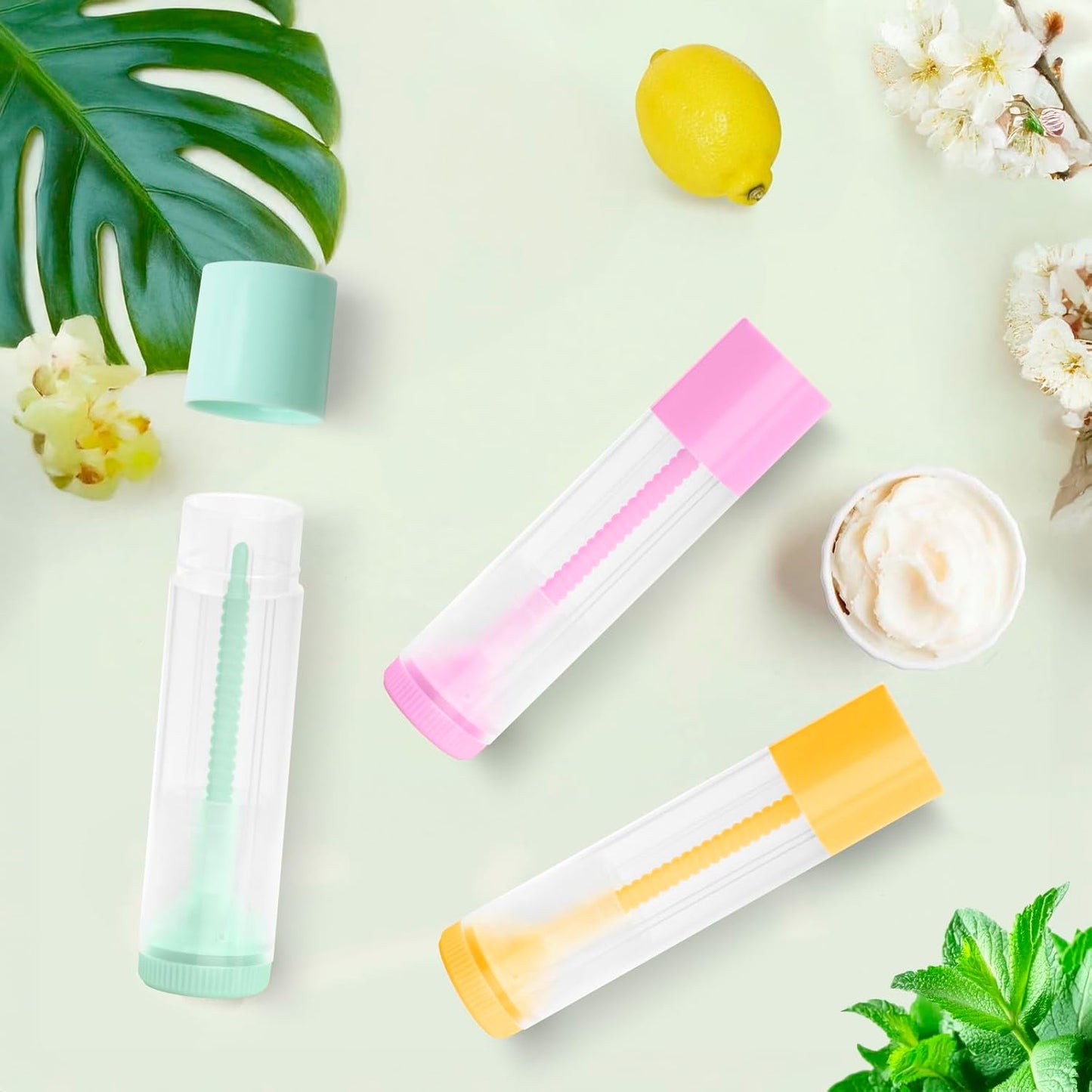 JuLand 50 Pack Empty Lip Balm Containers Bulk 5.5ml - Clear Twist-Up Tubes with Yellow Caps, Refillable Chapstick Tube for DIY Lip Balm Making