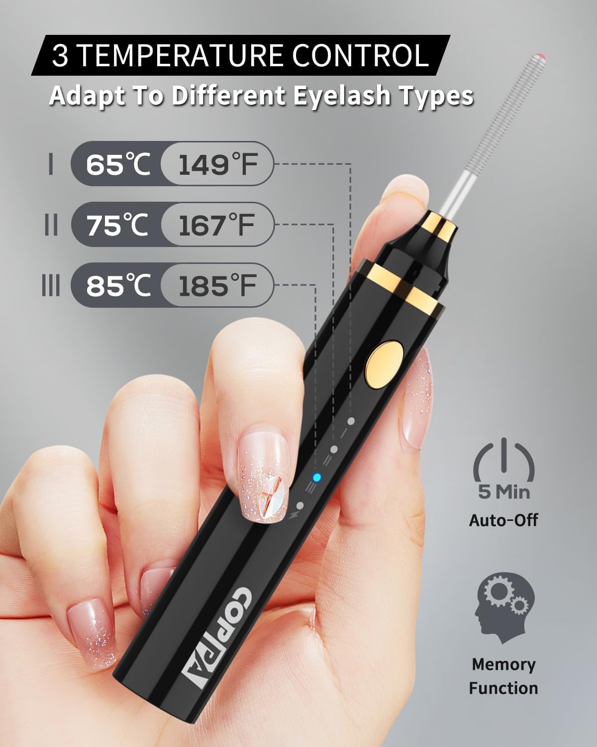 COPPA Electric Lash Curler, LP-1 Lipstick Type 3-in-1 Heated Eyelash Curler with 3 Brush Heads 3 Curling Modes and 3 Temp & 5s Quick Heat-up, Perfect for Beginners and Makeup Pros, Black