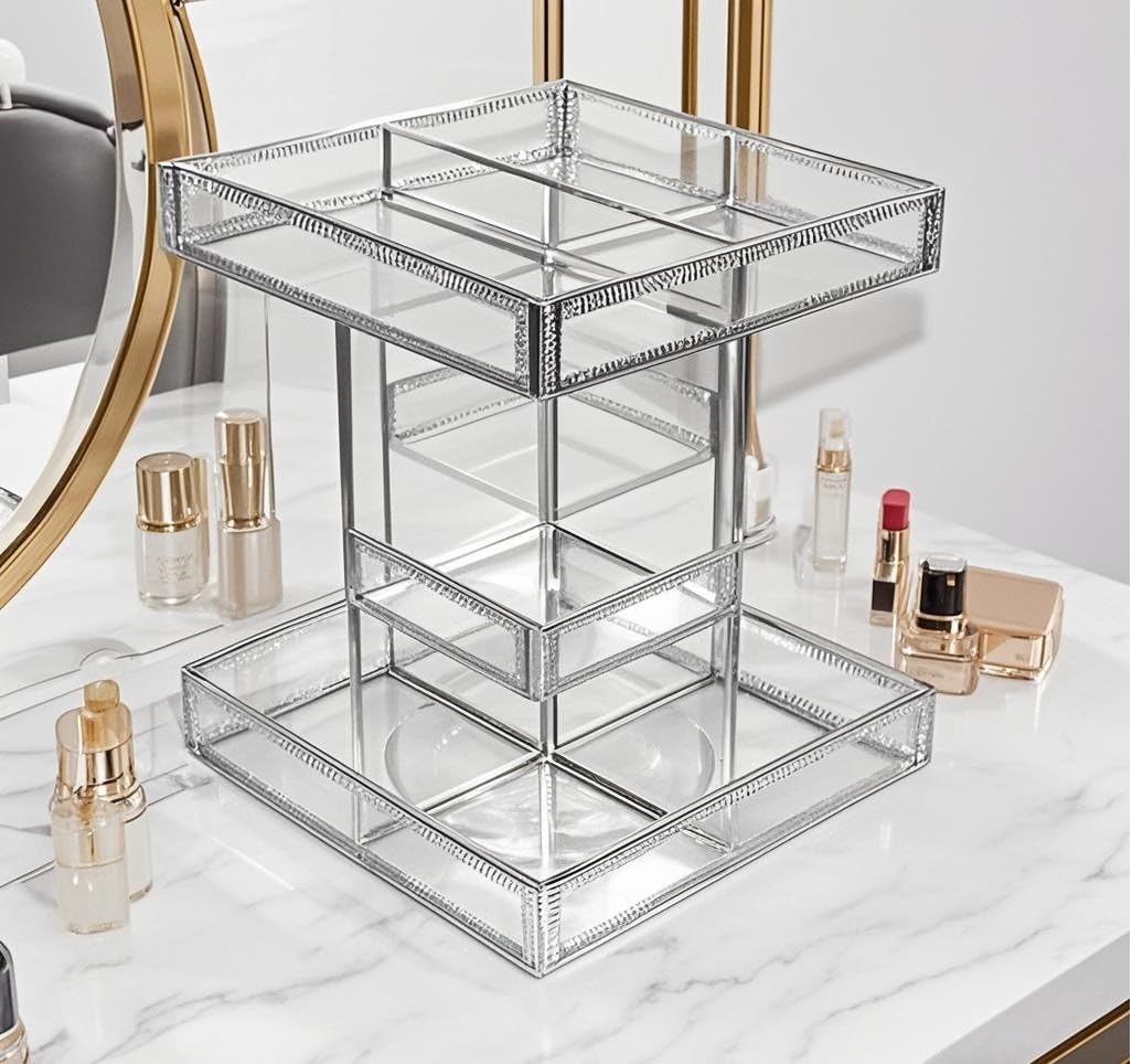 Hersoo 360 Degree Rotation Cosmetic Organizer -Premium Makeup Storage with Spin Base,Antique Countertop Cosmetic Storage,Large Capacity,Beauty Display for Countertop,Vanity or Bathroom (silver)