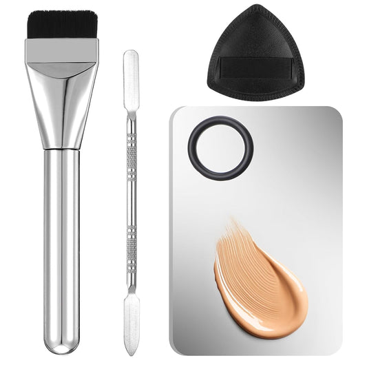 4 Pcs Makeup Foundation Mixing Palette Set Including Make Up Spatula, Makeup Brush, Palette Tray, Powder Puff, Foundation Makeup Mixing Palette, Makeup Palette Tray (Stainless Steel)