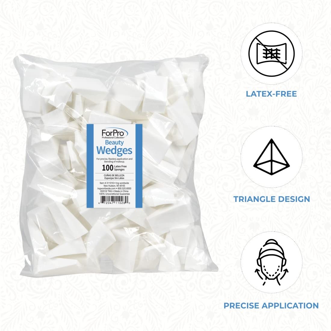 ForPro Professional Collection Beauty Wedges, Latex Free Foam Sponges, Makeup Blenders for Powder and Liquid Makeup, 100-Count (Pack of 3)