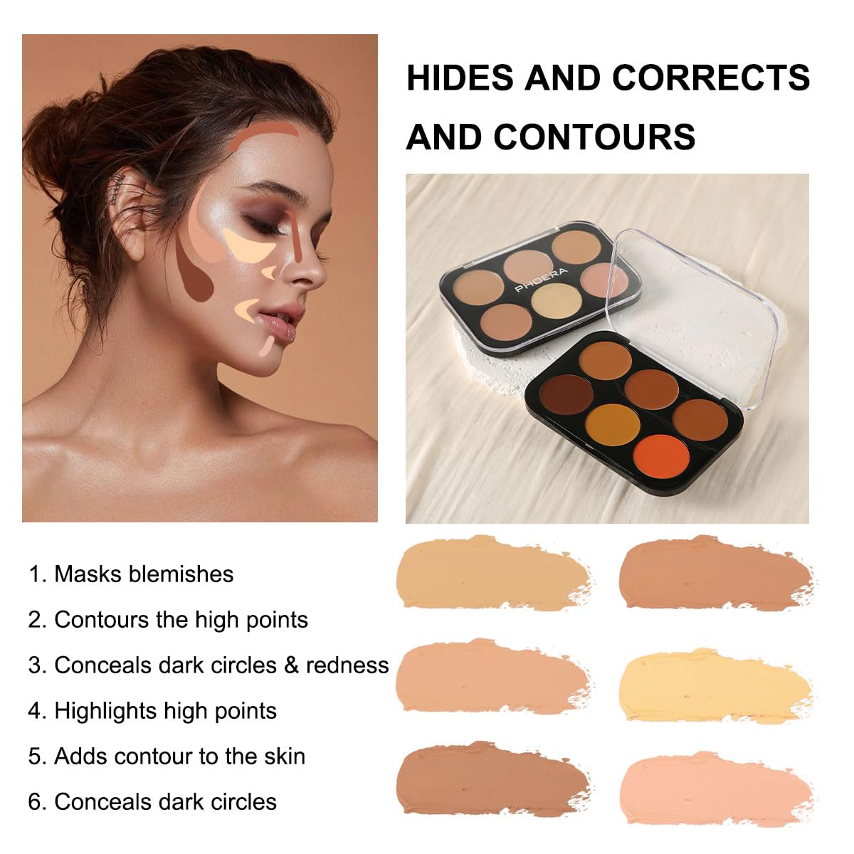 Corlo Cream Contour Palette, 6 Colors Concealer Correct Full Coverage Foundation Palette for Dark Circles Makeup (Light)