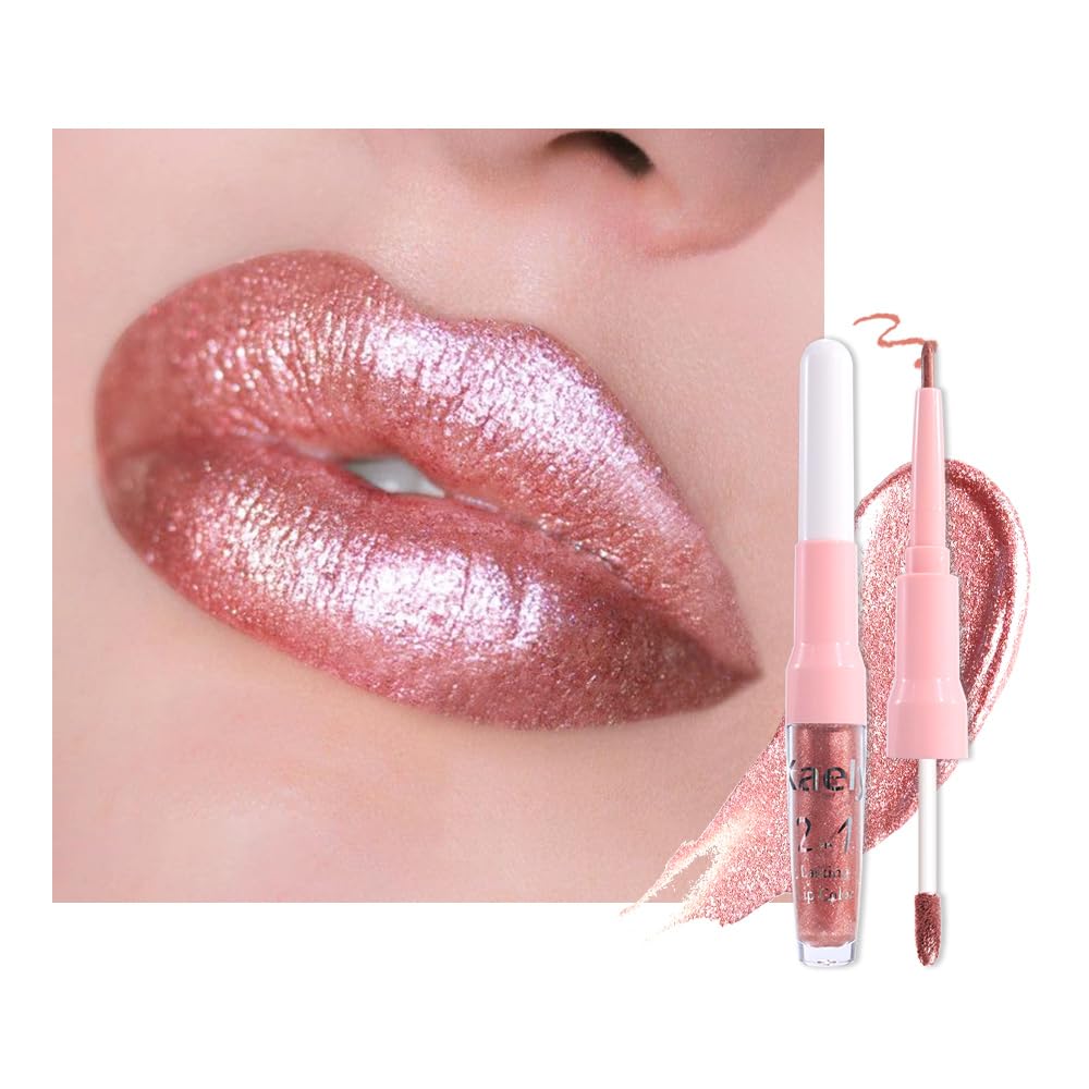 Rose Gold Metallic Lip Liner and Lipstick Combo Lip Gloss Tints Stain Set Makeup for Women Long Lasting Waterproof 24, Light Pink Metallic Glitter Shimmer Iridescent Liquid Lipstick lippies Lip Gloss