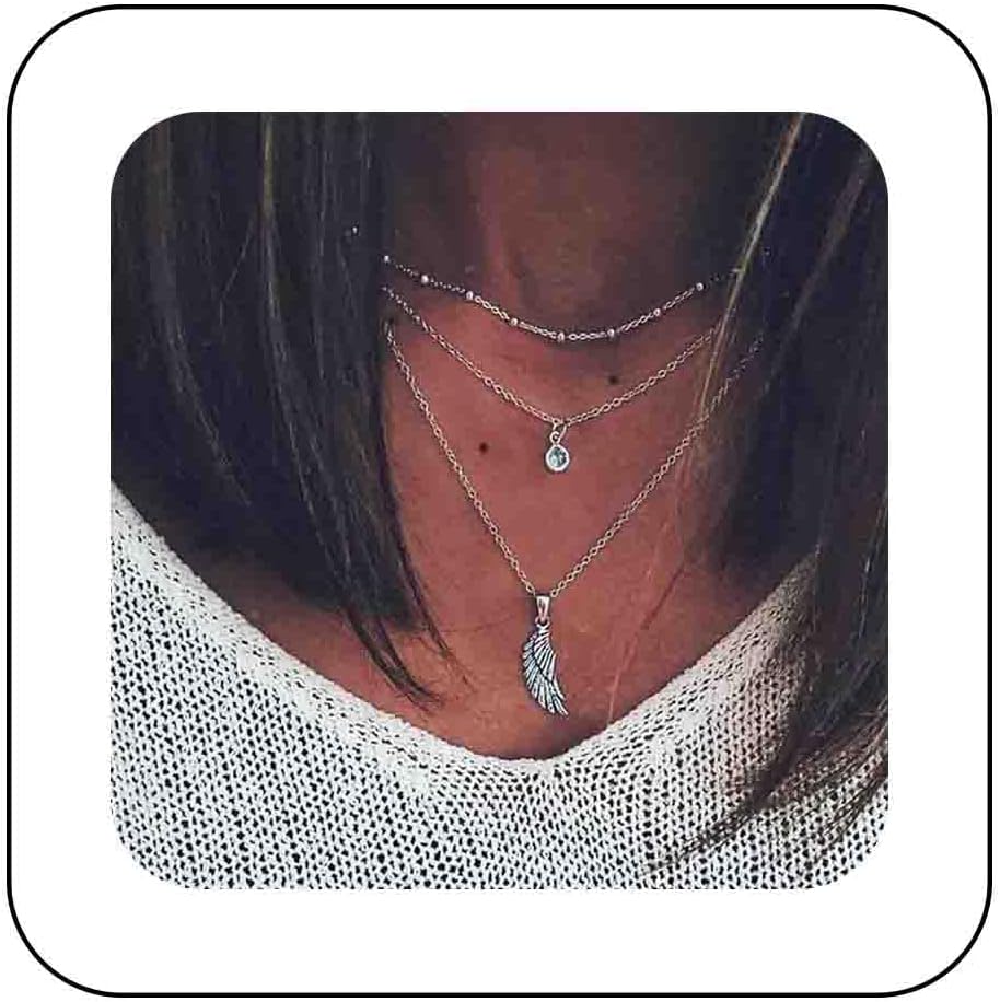 Bohemia Layered Crystal Choker Necklace Angel Wing Pendant Necklace Round Crystal Cz Necklace Chain Silver Guardian Angel Necklace Chain Jewelry for Women