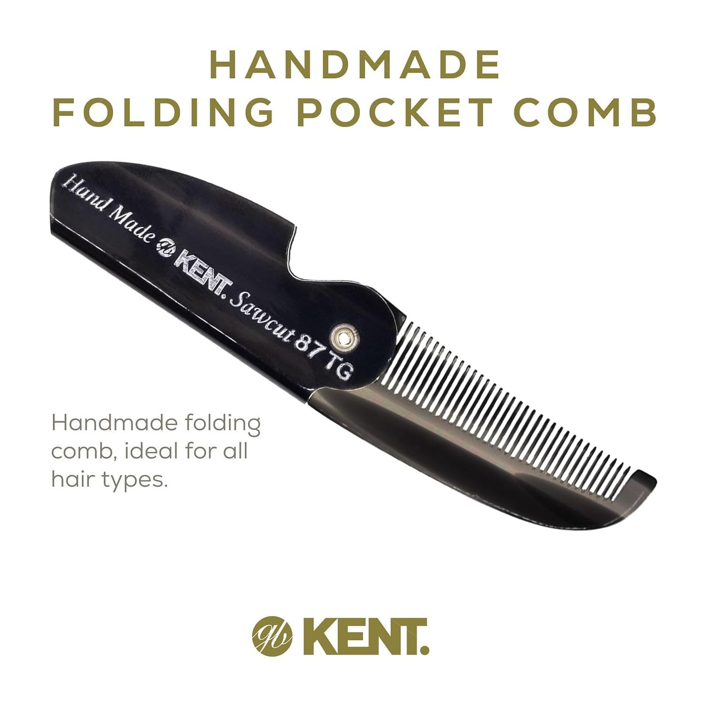 Kent 87T Black Graphite Handmade Folding Pocket Comb for Men, Fine Tooth Hair Comb Straightener for Everyday Grooming Styling Hair, Beard or Mustache, Saw Cut Hand Polished, Made in England