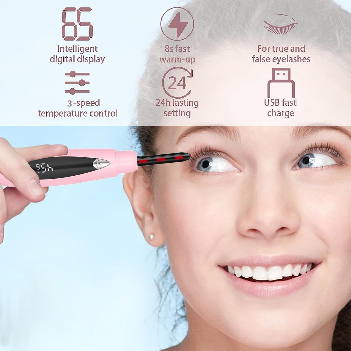 Heated Eyelash Curlers, Heated Lash Curler Rechargeable Eyelash Curler Natural 24 Hours Long-Lasting, Electric Eye Lash Curler Heat with 3 Temp Settings Tool for Girls, Pink