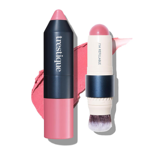 Trestique Blush Stick, Vegan Blush Stick With Built-In Blush Brush, Pink Blush Makeup For Women, Rose Blush Makeup, 2-In-1 Creamy Blush Makeup