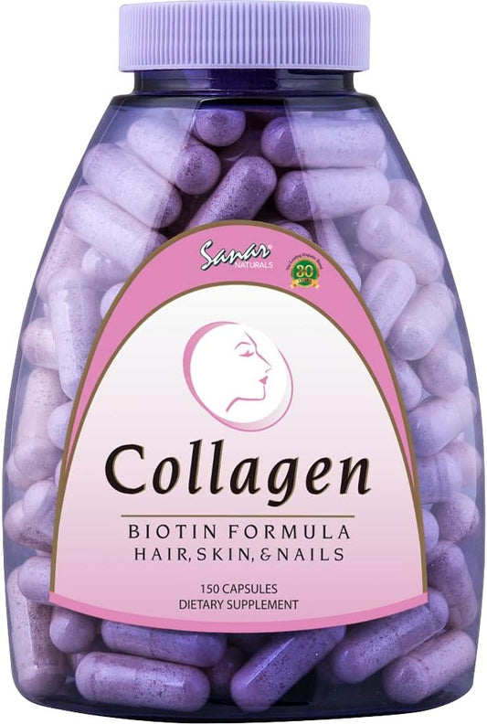 Sanar Naturals Biotin Collagen Pills - Hair Skin and Nails Vitamins, Boost Hair Growth - Hydrolyzed Collagen Peptides for Women & Men, Biotin Supplement with Vitamin C, 150 Capsules