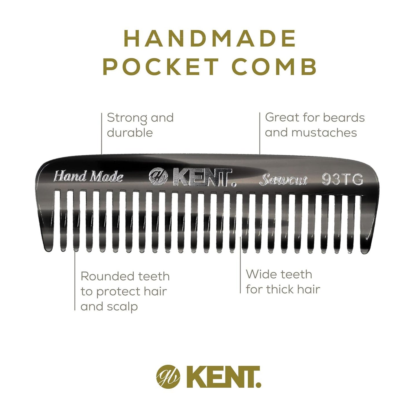 Kent 93T Black Graphite Beard Comb for Men - Wide Tooth Men's Comb, Ideal For Mustaches and Beards and Facial Hair, Small Pocket Sized Travel Detangler Combs, Saw-Cut, Hand Polished, Made in England