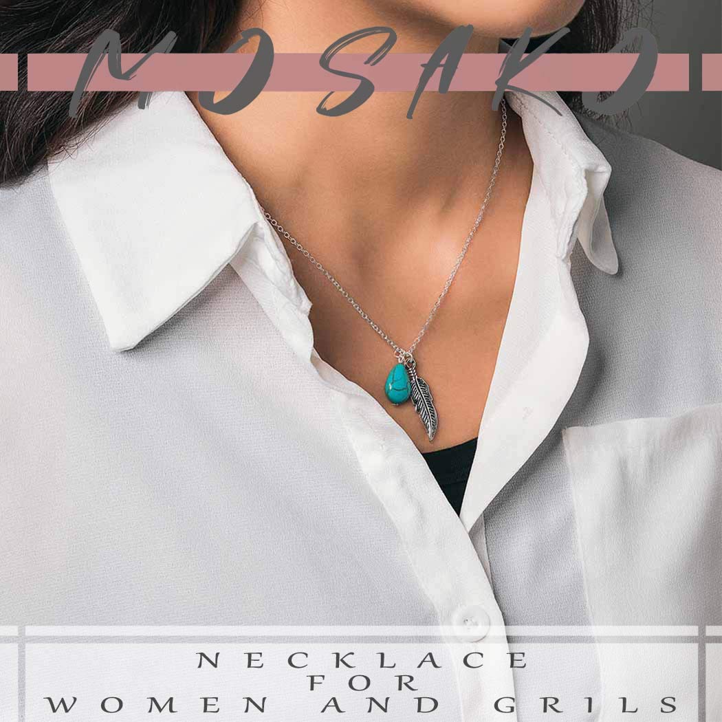 Boho Turquoise Necklaces Silver Feather Pendant Necklace Chain Short Delicate Dainty Necklaces Jewelry for Women