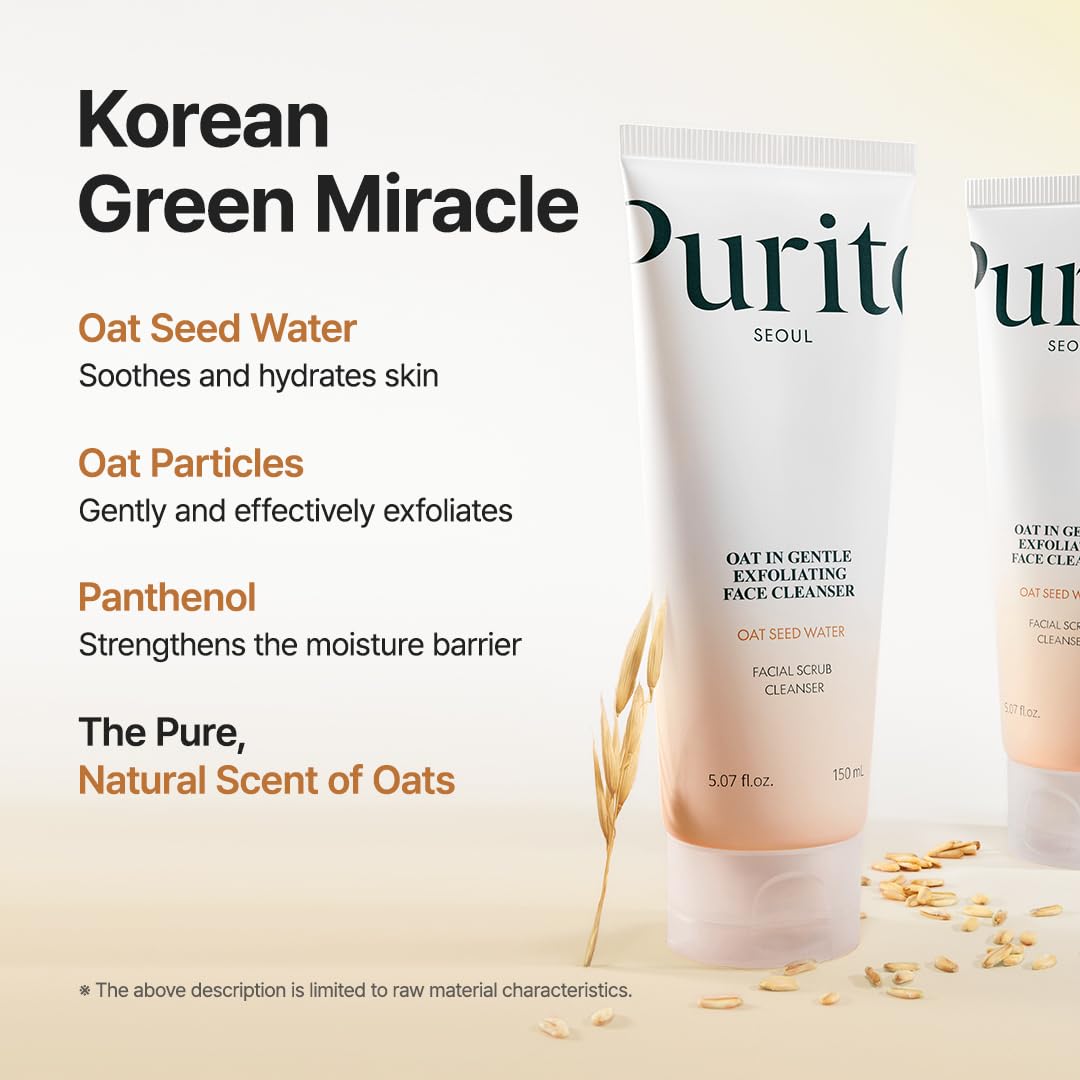 Purito Oat Exfoliating Facial Polish Cleanser - Hydrating Daily Face Wash with Gentle Scrub Clay Pore Minimizing Panthenol, Oat Seed Water Vegan, Non-comedogenic Korean Skin Care 5.07 fl.oz