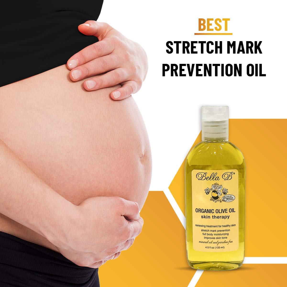 Bella B Organic Olive Oil 4.5 oz - Pregnancy Stretch Mark Prevention Oil - Made with Organic Olive Oil - Maintains Skin Elasticity to Reduce Scars and Stretch Marks - Use Daily for Healthy Skin